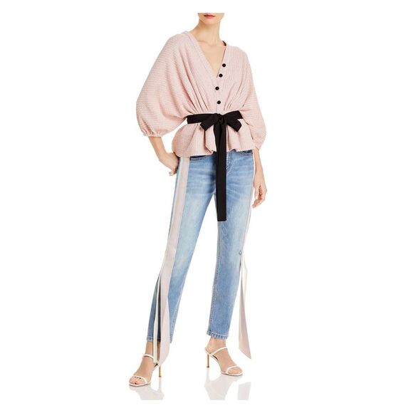 HELLESSY Womens Pink Button Tie Belt Unlined Dolman Sleeve V Neck Peplum Top XL - Picture 3 of 3